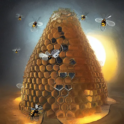 Prompt: Technologically advanced bee civilisation living inside a hive, digital art, trending on artstation, highly detailed, art