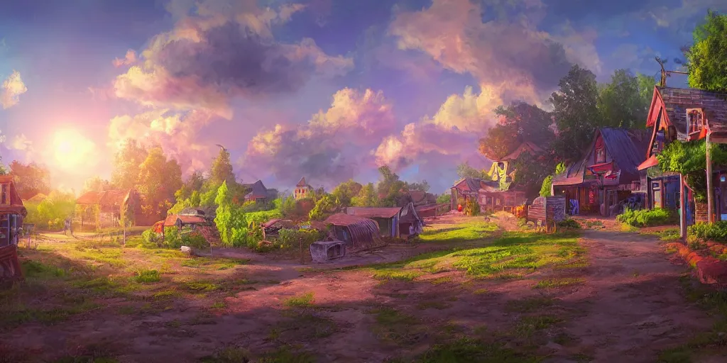 Prompt: country town, fantasy, day light, sun, wide angle, highly detailed, rich bright colors, trending on artstation
