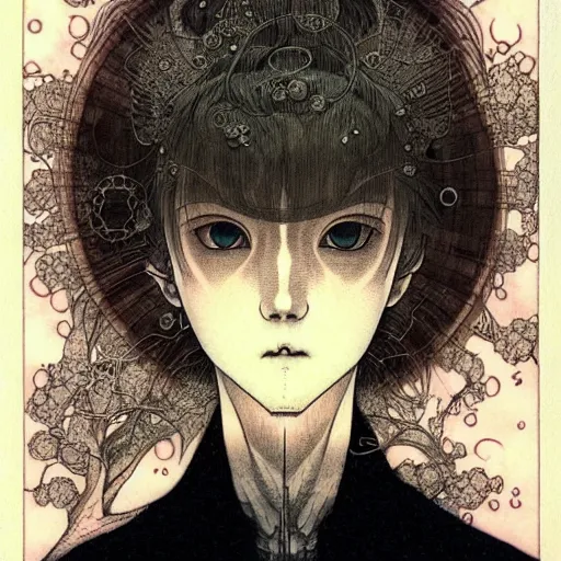 Image similar to prompt: Fragile looking character soft light portrait face drawn by Takato Yamamoto and Katsuhiro Otomo, tattooed face, inspired by Akira 1988 anime, alchemical objects on the side, soft light, intricate detail, intricate gouache painting detail, sharp high detail, manga and anime 2010