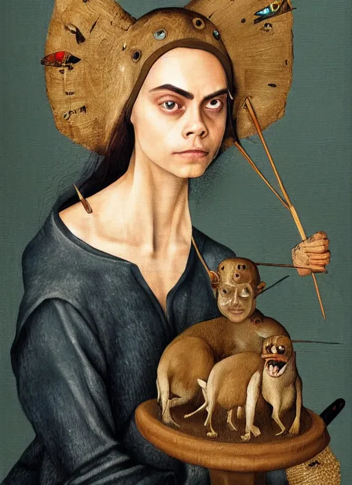 Image similar to cara delevingne as an Hieronymus Bosch painting, detailed digital art, trending on Artstation