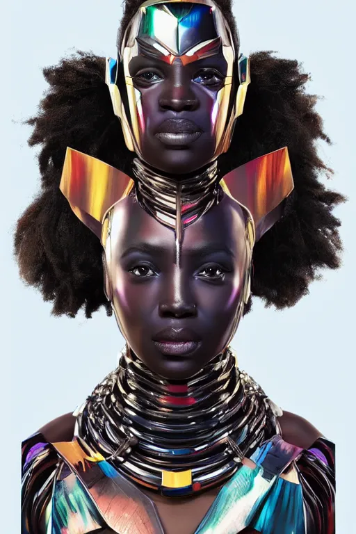 Image similar to full body portrait of the African Android Queen, by DC comics and Sandra Chevrier and beeple, artstation, volumetric lighting, hyperrealism, futuristic royalty, strong and muscular, award winning costume design, cybernetic cyborg, fashion show runway, futuristic fine textures, woven with electricity, high fashion superpowers, wakanda, 4k UHD, 35mm