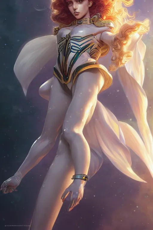 Image similar to genetically augmented super soldier Sailor Moon as a male, pale skin curly blond hair, fantasy, intricate, elegant, highly detailed, digital painting, artstation, concept art, matte, sharp focus, illustration, art by Artgerm and Greg Rutkowski and Alphonse Mucha