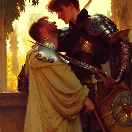 Image similar to attractive arthur pendragon and his attractive male knight, they are in love, natural lighting, path traced, highly detailed, high quality, digital painting, by gaston bussiere, craig mullins, alphonse mucha j. c. leyendecker