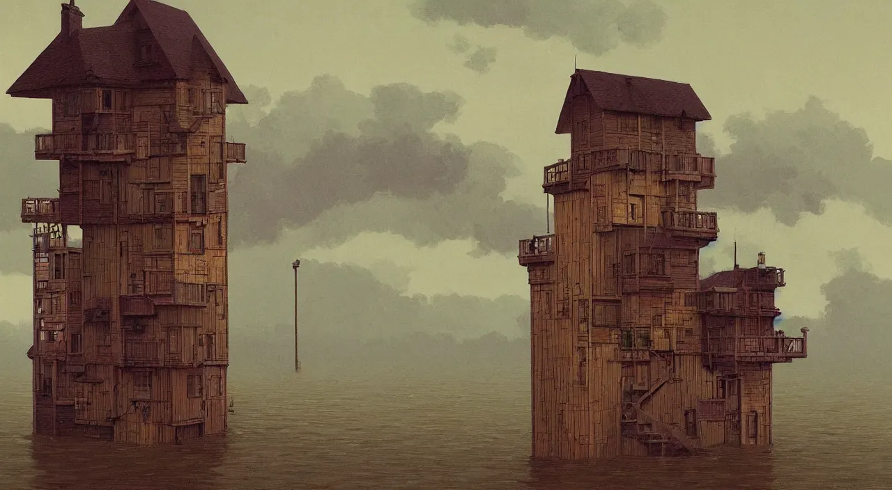 Prompt: single flooded simple wooden tower, very coherent and colorful high contrast!! masterpiece by rene magritte simon stalenhag carl spitzweg syd mead norman rockwell edward hopper james gilleard, minimalist, dark shadows, sunny day, hard lighting