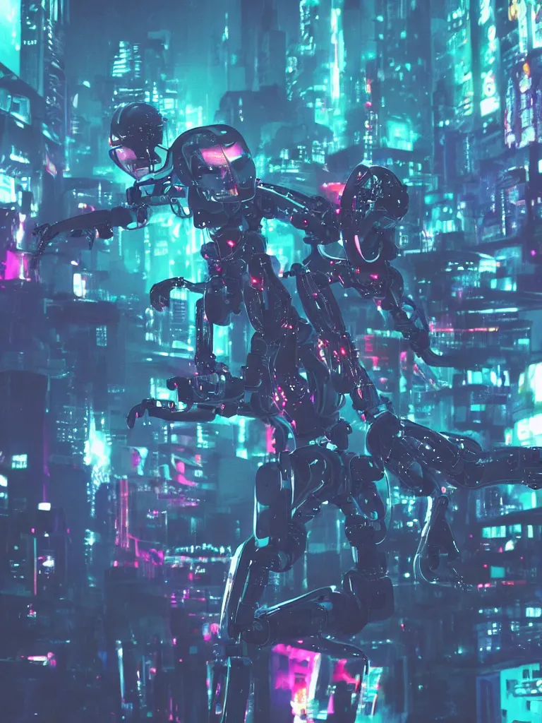 Prompt: Sci-fi robot DJing a synthwave party in a blade runner city