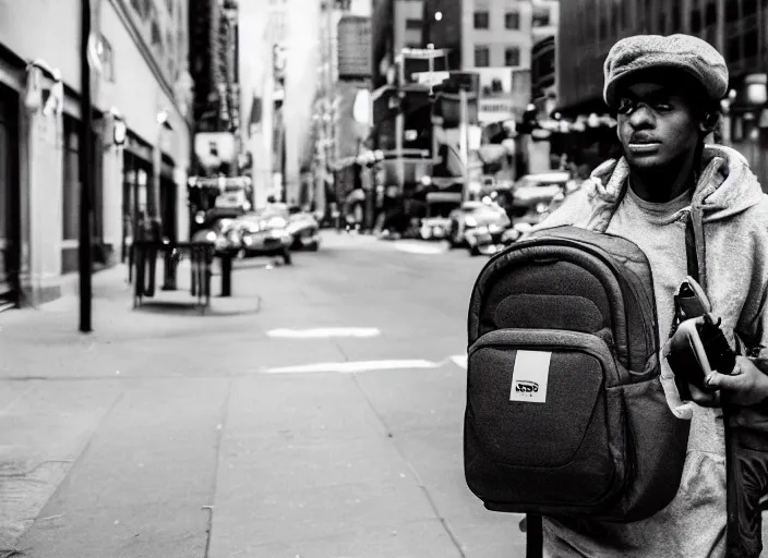 Image similar to photography of a Cat being carried in an half open backpack . in a new york street. award winning photo, led lighting, night, 130mm, sharp, high res