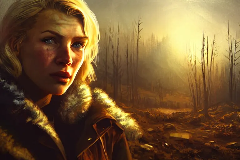 Prompt: fallout 5, charismatic beautiful rugged blonde female protagonist, portrait, outdoors alaskan wildernis, atmospheric lighting, painted, intricate, volumetric lighting, daytime, winter, clear weather, mutated wildlife, golden hour, sharp focus, deep colours, ultra detailed, art by william turner