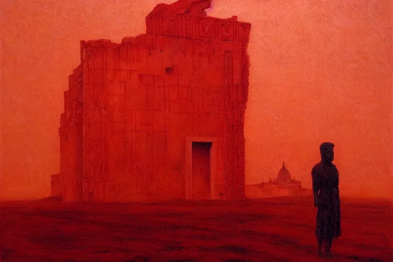 Image similar to only with red, caesar after win war, the deal, a red tiger, in hoc signo vinces, rome in background, an ancient path, in the style of beksinski, part by hopper, part by rodcenko, part by hofbauer, intricate composition, red by caravaggio, insanely quality, highly detailed, masterpiece, red light, artstation