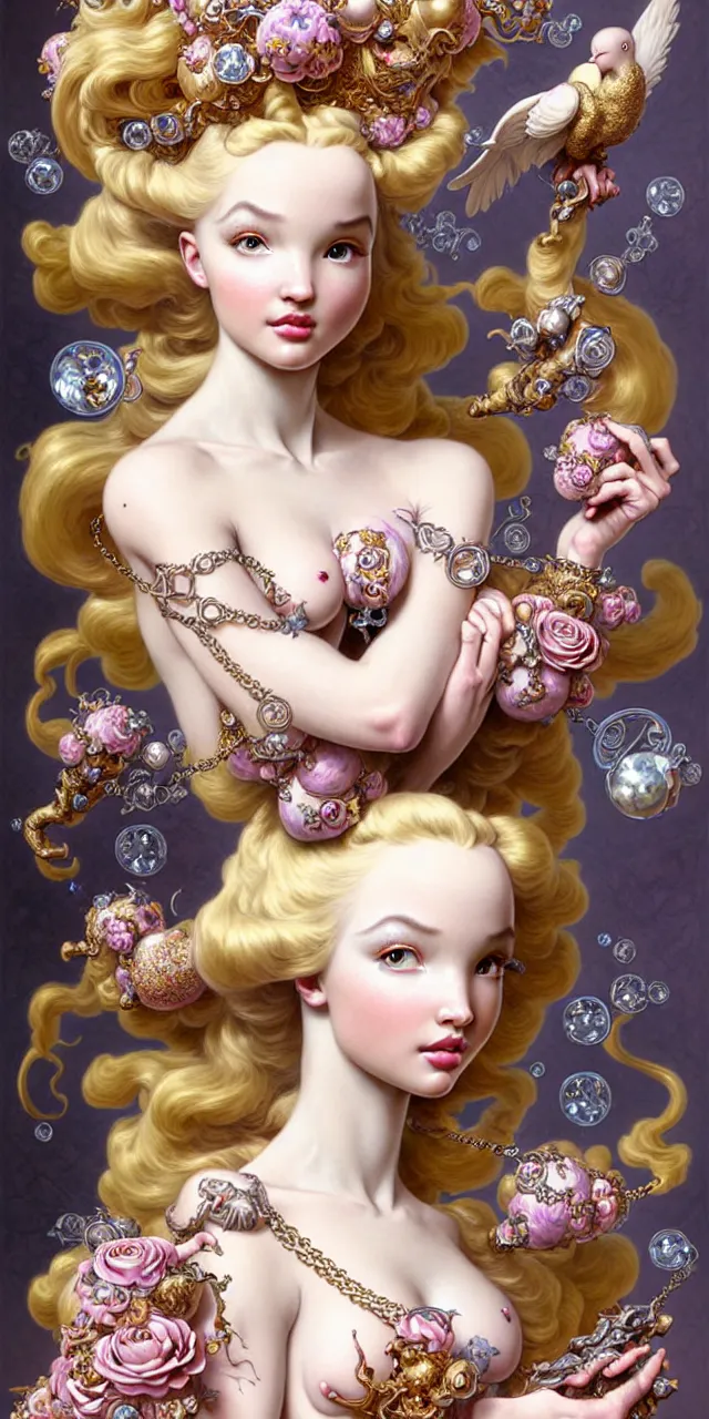 Image similar to beautiful dove cameron baroque rococo fantasy character portrait, ultra realistic, intricate details, the fifth element artifacts, highly detailed by peter mohrbacher, hajime sorayama, wayne barlowe, boris vallejo, aaron horkey, gaston bussiere, craig mullins alphonse mucha, rococo curves swirls and spirals, flowers pearls beads crystals jewelry goldchains scattered