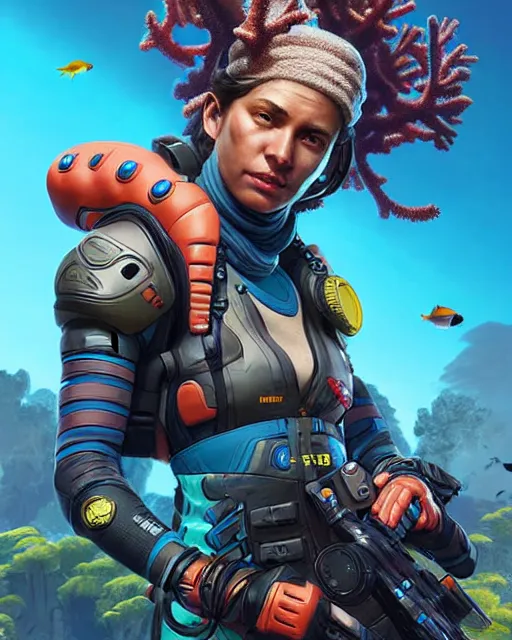 Prompt: coral reef as an apex legends character digital illustration portrait design by, mark brooks and brad kunkle detailed, gorgeous lighting, wide angle action dynamic portrait