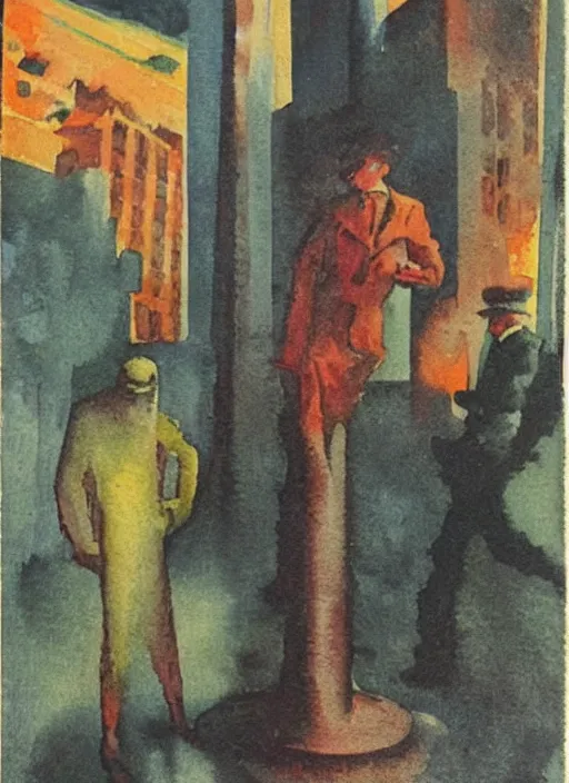 Prompt: 1920s art deco watercolor by Tito Corbella, moody, a lonely figure enshrouded in a surrealist representation of quick frenzied motional blur movement of the city, by Mark Tennant by Igor Scherbakov by Anthony Cudahy, vintage postcard illustration by Mitchell Hooks