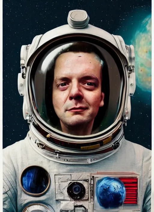 Image similar to a portrait of a man with a space suit on, a colorized photo by sam spratt, trending on cgsociety, retrofuturism, colorized, da vinci, art on instagram