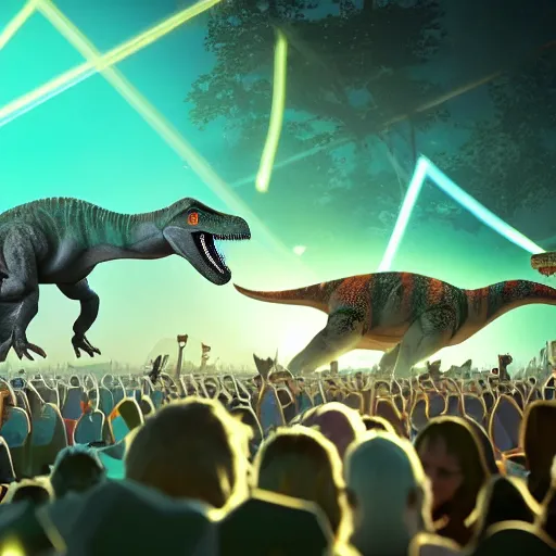 Prompt: a group of dinosaurs having a rave party at boom festival main stage, rendered in octane