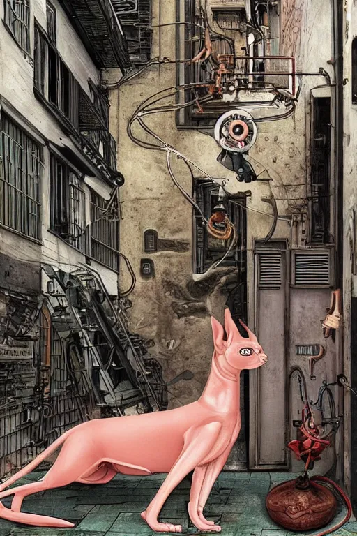 Image similar to a robotic sphynx cat!!, in a cyberpunk alleyway by sandro botticelli