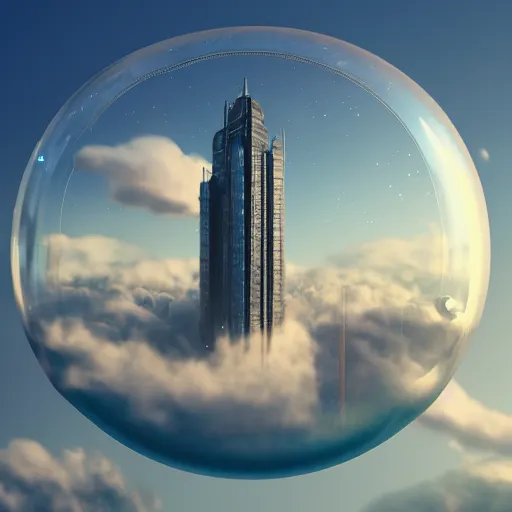 Prompt: miniature skyscraper inside a bubble, floating on clouds, realistic 3 d render, unreal engine, solarpunk, maya, 8 k, smooth, sharp focus, octane, twilight