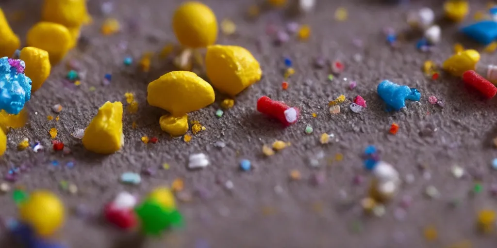 Image similar to a cinematic film still of a claymation stop motion film about a town made of lemons and candy, shallow depth of field, 8 0 mm, f 1. 8