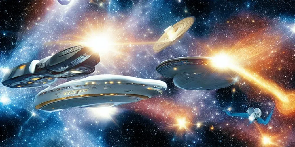 Prompt: star trek`s enterprise spaceshipe flying in a starry outer space