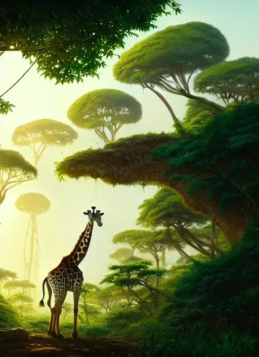 Image similar to a wholesome animation key shot of a giraffe, jungle in the background, studio ghibli, pixar and disney animation, sharp, rendered in unreal engine 5, anime key art by greg rutkowski, bloom, dramatic lighting