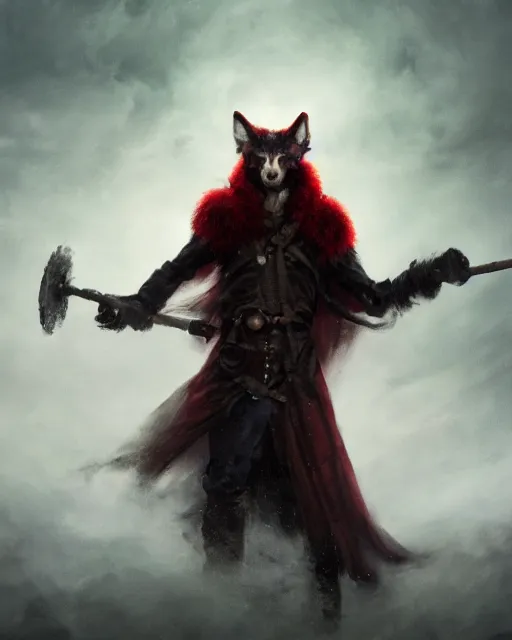 Image similar to oil painting of Anthropomorphized Wolf Shaman holding magic staff, evil grin, wearing red fur cloak, sharp focus, lightning storm background, magical aura, heroic pose, fantasy style, octane render, volumetric lighting, 8k high definition, by greg rutkowski, highly detailed, trending on art Station, magic the gathering artwork, Lightning storm background, centered, dramatic artwork