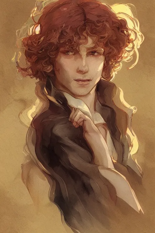 Image similar to enjolras from les miserables the musical, ray of light, shimmering and prismatic, rococo, by krenz cushart and mucha and monet, trending on artstation.