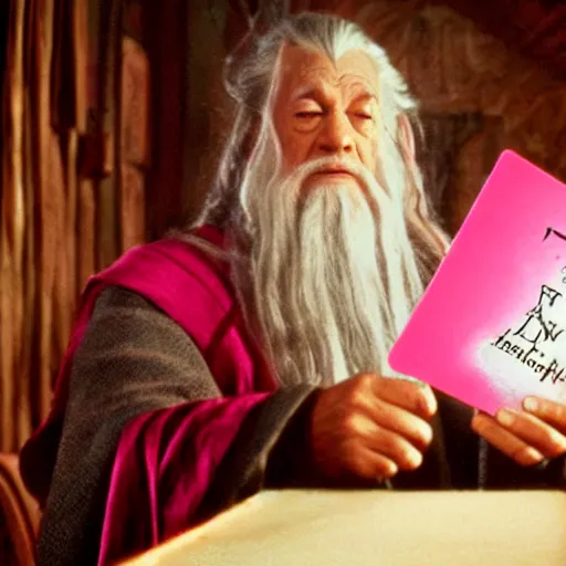 Image similar to portrait of gandalf with a pink bowtie on his head, holding a blank playing card up to the camera, movie still from the lord of the rings