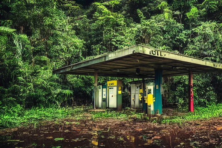 Prompt: an abandoned gas station in a jungle during nighttime and rain, dslr photo