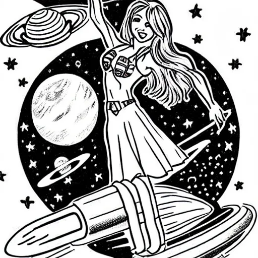 Prompt: old school, traditional style tattoo sketch of beautiful redhead girl, full body portrait in space riding a rocket, in front of jupiter planet with its moons drawn by sailor jerry, vic james, electric martina, heath clifford, kimi vera