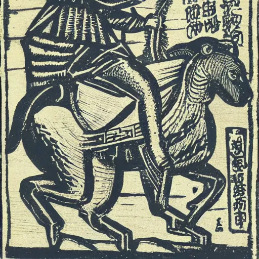 Image similar to woodblock print of an otter riding horseback