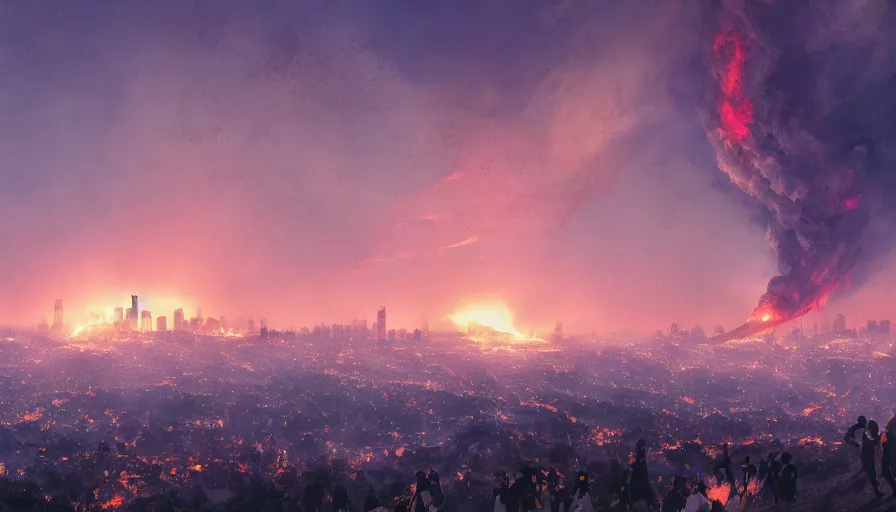 Prompt: people in a hill watching los angeles on fire, hyperdetailed, artstation, cgsociety, 8 k