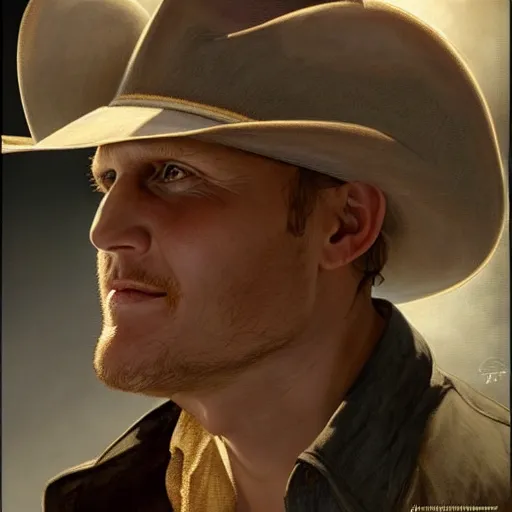 Image similar to portrait painting of smirk woody harrelson, with a cowboy hat and bloody golf club, ultra realistic, concept art, intricate details, eerie, highly detailed, photorealistic, octane render, 8 k, unreal engine. art by artgerm and greg rutkowski and alphonse mucha