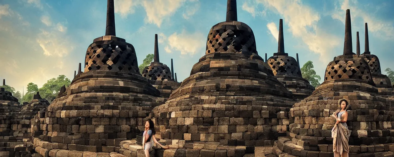 Image similar to most epic dramatic borobudur temple picture. epic cinematic hyperrealism masterpiece. realistic poster with shaded lighting by craig mallismo, artgerm, jeremy lipkin and michael garmash, unreal engine, radiant light, detailed and complex environment, digital art, art station trends