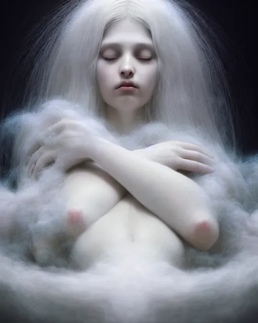 Image similar to soft, dreamy, subsurface scattering, white, young beautiful goddess in cosmos with very long white hair floating in air, fluid smoke art, black and white, octane render, dino valls, mark ryden, joe fenton, michal karcz, highly detailed, rim light, art, cinematic lighting, very coherent, hyper realism, 8 k