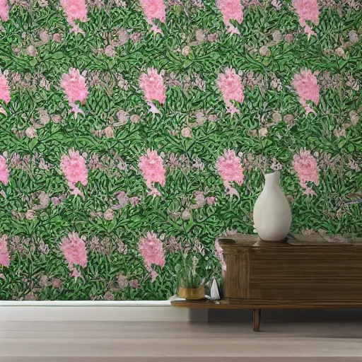 Prompt: william morris style wallpaper of beautiful light pink peonies and green leaves, repeating pattern n -6