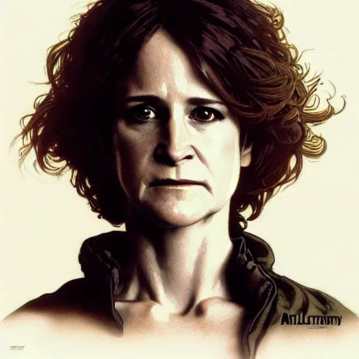 Image similar to full portrait of holly hunter as ellen ripley, fantasy, d & d, intricate, detailed, by by alphonse mucha, adolfo hohenstein, alice russell glenny, stanley artgerm lau, greg rutkowski, detailed, trending on artstation, trending on artstation, smooth