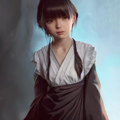 Image similar to Clothed.realistic style at CGSociety by WLOP,ilya kuvshinov,krenz cushart,Greg Rutkowski,trending on artstation.Zbrush sculpt colored,Octane render in Maya,Houdini VFX.Realistic fantasy cute young girl who is dark disciple,expressing joy,wearing mystic robe,silky hair, deep eyes.Oil painting.Cinematic dramatic atmosphere,sharp focus,soft volumetric studio lighting.