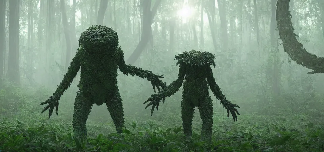 Image similar to a complex organic fractal 3 d metallic symbiotic ceramic humanoid megastructure creature in a swampy lush forest, glowing eyes, foggy, sun rays, cinematic shot, photo still from movie by denis villeneuve, wayne barlowe