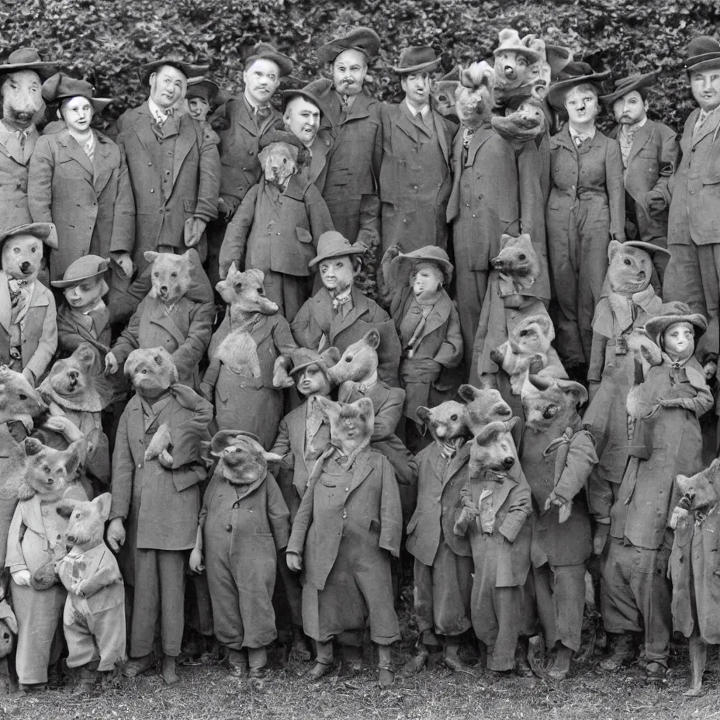 Image similar to a group of badgers in 1 9 4 0 s suits, standing upright like people, anthropomorphic, style of beatrix potter, rendered as a highly detailed photograph