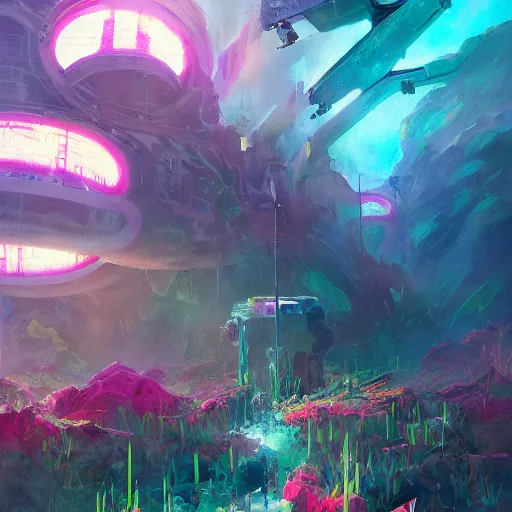 Prompt: futuristic post-apocalyptic retrofuturism painting of surreal waiizi flowers, by Ross Tran, highly detailed, hyperrealism, excellent composition, cinematic concept art, dramatic lighting, trending on ArtStation, abstract water color paiting strokes