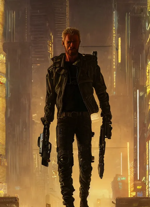 Image similar to clint eastwood. cyberpunk mercenary in a military vest ( blade runner 2 0 4 9, cyberpunk 2 0 7 7 ). orientalist portrait by john william waterhouse and james gurney and theodore ralli and nasreddine dinet, oil on canvas. cinematic, hyper realism, realistic proportions, dramatic lighting, high detail 4 k