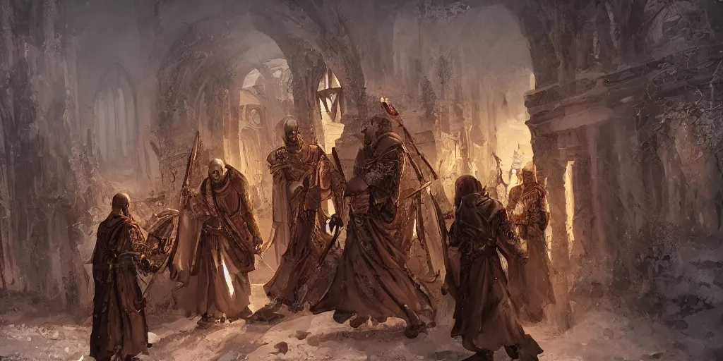 Prompt: byzantine styled warrior - monks patrol the streets of a sacred necropolis in winter, sharp focus, intricate concept art, ambient lighting, artstation