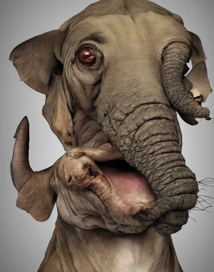 Image similar to portrait of muscular animal human merged head skin ears, no background, scales skin dog, cat merged elephant head cow, chicken face morphed fish head, gills, horse head animal merge, morphing dog head, animal eyes, merging crocodile head, anthropomorphic creature