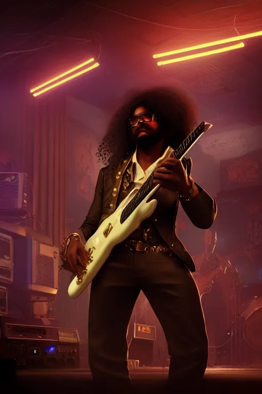Image similar to a steampunk black man with long curly hair, playing electric guitar at a night club, focus on the musicians, cinematic lighting, exaggerated detailed, unreal engine, octane render, trending on artstation, art by greg rutkowski, 4 k