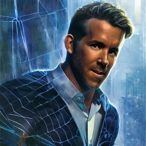 Image similar to ryan reynolds as a black and blue suit spider - man, cinematic, volumetric lighting, f 8 aperture, cinematic eastman 5 3 8 4 film, photorealistic by greg rutkowski, by stanley artgerm, by alphonse mucha