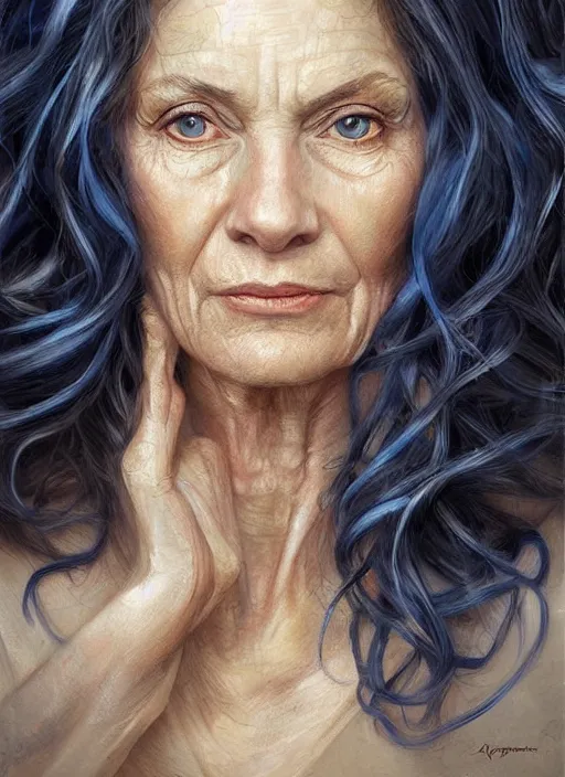 Prompt: portrait of 6 5 years old woman with long curly brown hair and blue eyes, a lot of wrinkles, beautiful painting by artgerm and greg rutkowski