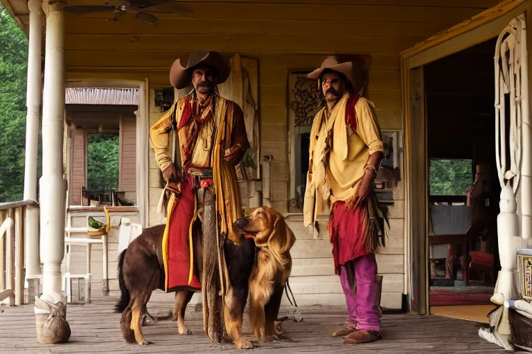 Image similar to Indian cowboy on the country western porch with his golden retriever cinematography by Steven Spielberg