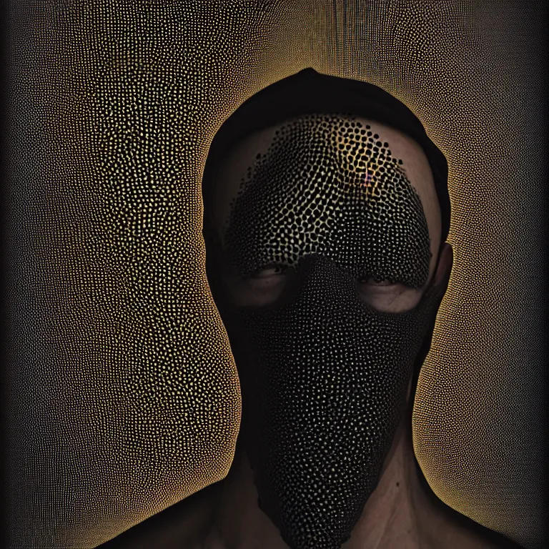 Image similar to portrait of beautiful man wearing black ribbed trypophobia black mask covered with ribbed spinal tubes, wastelands, baroque painting, beautiful intricate insanely detailed octane render, artstation, 8 k artistic harsh flash photography, photorealistic, volumetric perfect light, chiaroscuro, beeple, annie liebovitz, raphael, caravaggio, rutkowski