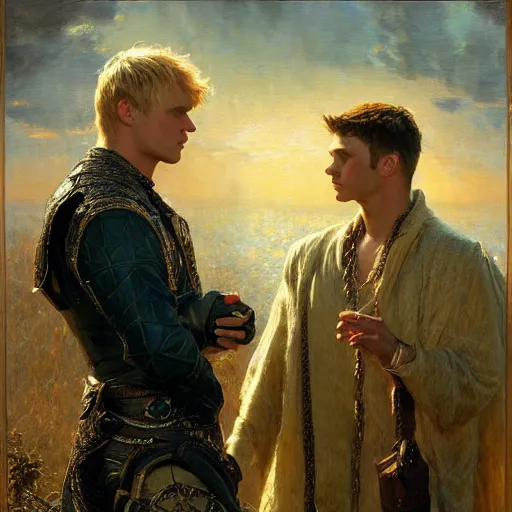 Image similar to attractive arthur pendragon confesses his love to attractive male merlin. highly detailed painting by gaston bussiere, craig mullins, j. c. leyendecker 8 k