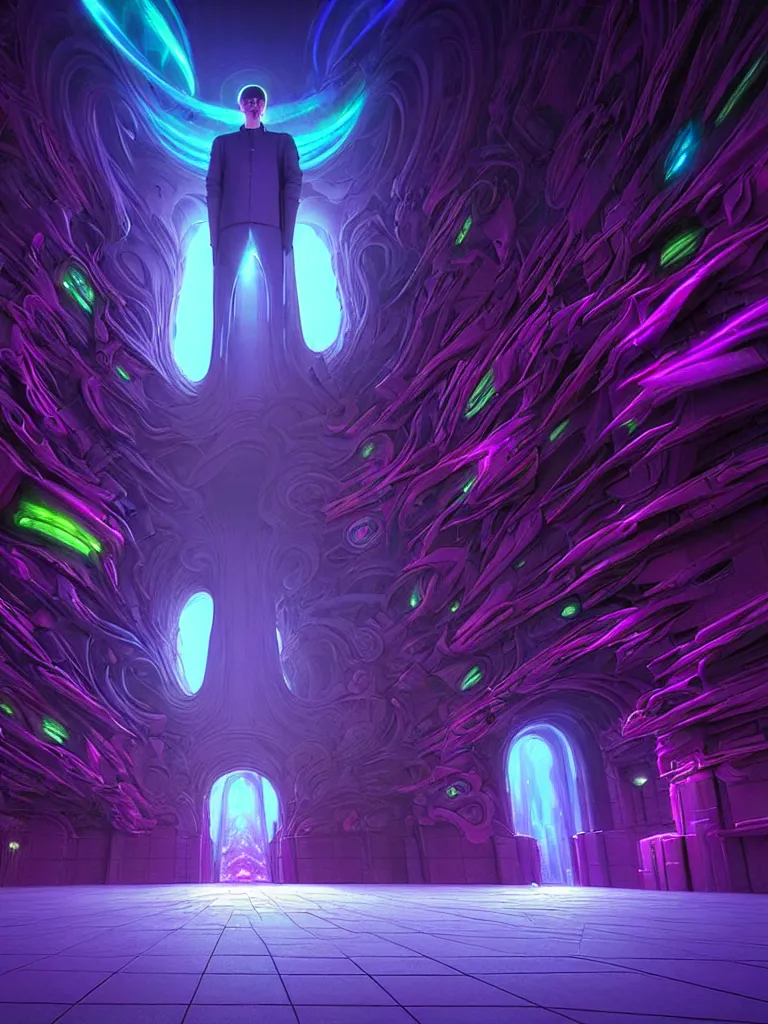 Image similar to entrance to ethereal realm, matrix sentient, rendered in unreal engine, central composition, symmetrical composition, dreamy colorful cyberpunk colors, 6 point perspective, fantasy landscape with anthropomorphic!!! terrain!!! in the styles of igor morski, jim warren and rob gonsalves, intricate, hyperrealistic, volumetric lighting, neon ambiance, distinct horizon