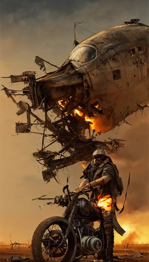 Image similar to post apocalyptic, biker with helmet in front of crashed airplane burning, photorealistic, ultra realistic, concept art, intricate details, photorealistic, octane render, 8 k, unreal engine. retro film still, heavy grain, 3 5 mm, art by artgerm and greg rutkowski and alphonse mucha