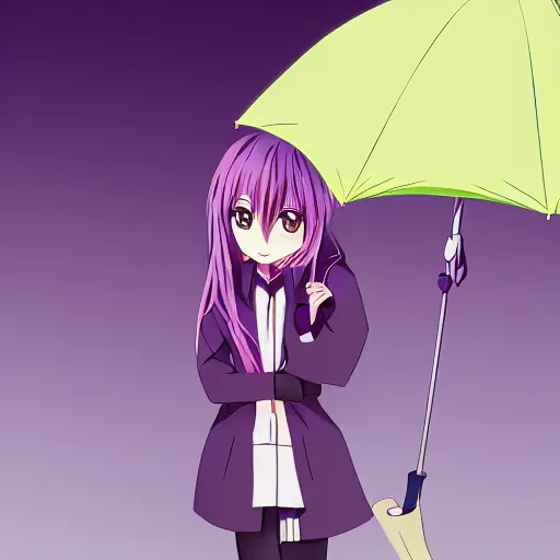 Image similar to screenshot of an anime where girl in raincoat is holding umbrella, purple tone, pixiv